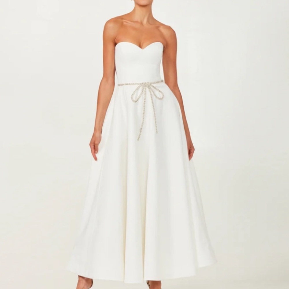 HELSI Grace Sweetheart Strapless Crystal Bow White Midi Dress, size XL